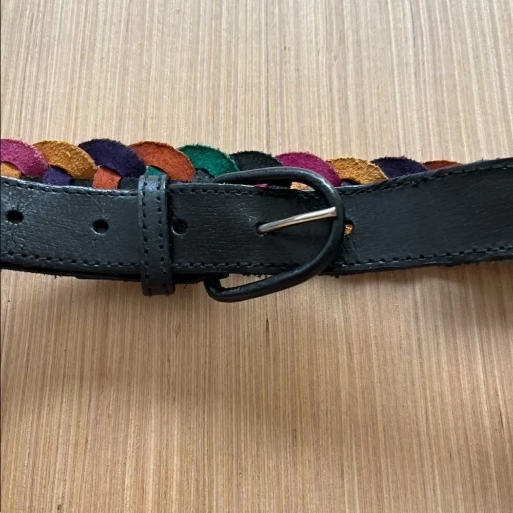Vintage Black Leather Braided Colorful Belt